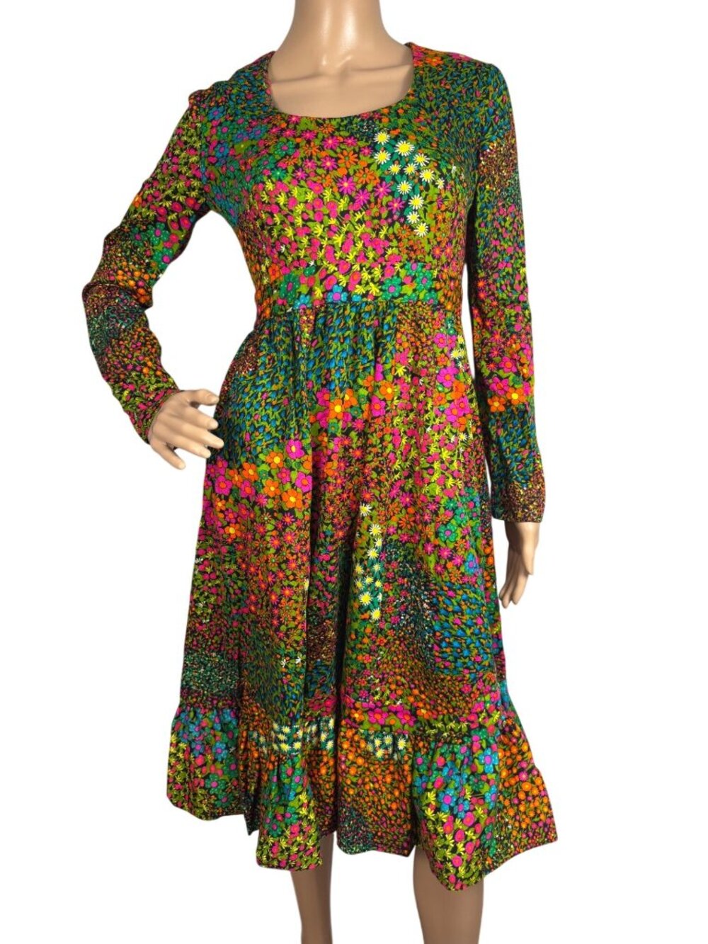 Vintage 70s Handmade Womens Floral Patchwork Midi Dress Long Sleeve Cottagecore